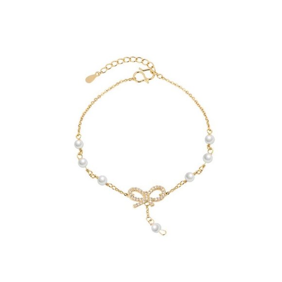 *NEW Yellow Gold Diamond Bow Knot Pearl Bracelet - Picture 10 of 10